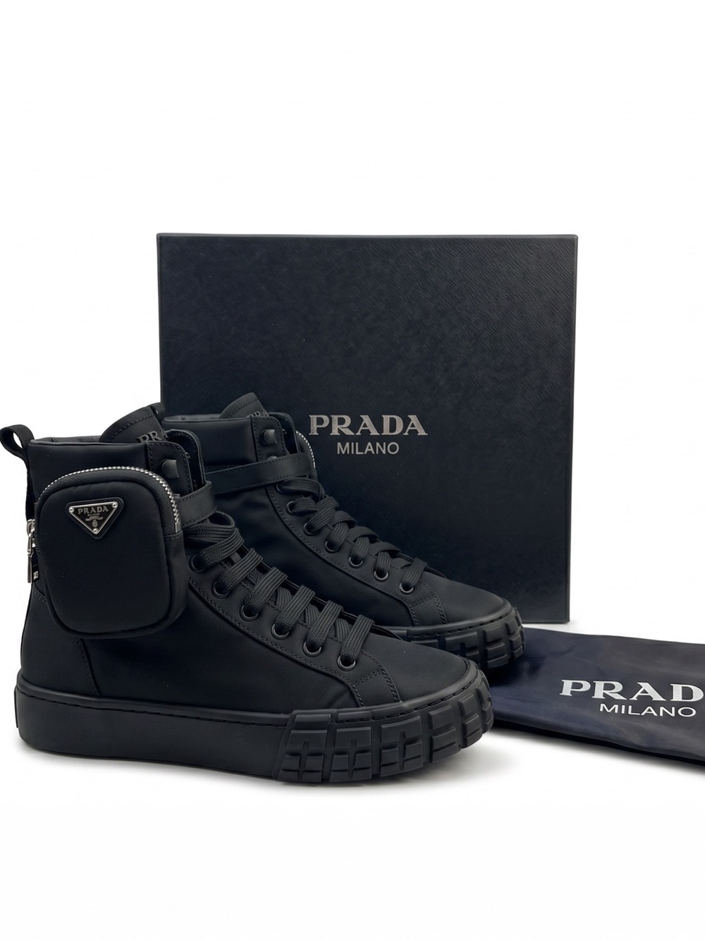 Prada Milano Black High-Top Sneakers with Detachable Pouch size 6.5
